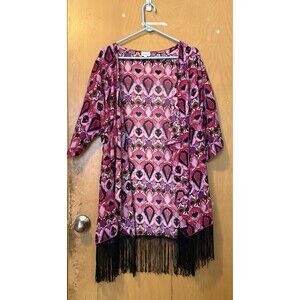 LuLaRoe Pink Purple White Red Black Monroe Swim Kimono Black Fringe EUC Large